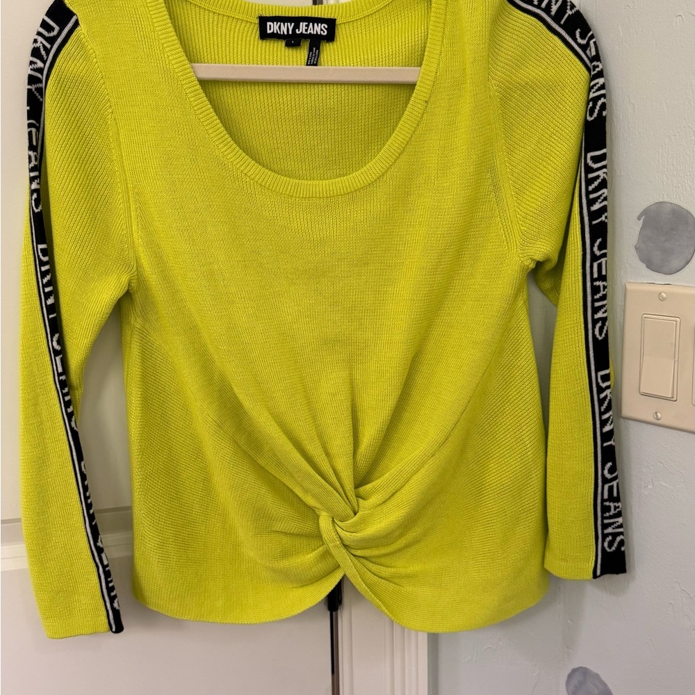 DKNY Neon Lime Twist-Knot Long Sleeve Sweatshirt with Logo Tape